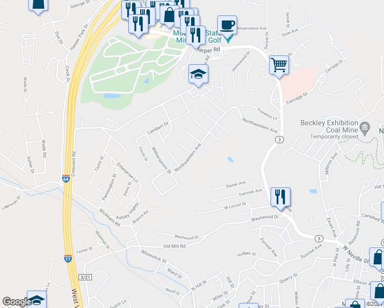 map of restaurants, bars, coffee shops, grocery stores, and more near 101 Daniel Street in Beckley