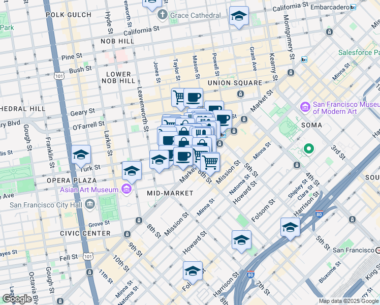 map of restaurants, bars, coffee shops, grocery stores, and more near Turk St & Taylor St in San Francisco