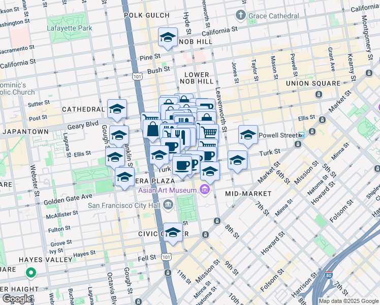 map of restaurants, bars, coffee shops, grocery stores, and more near 587 Eddy Street in San Francisco