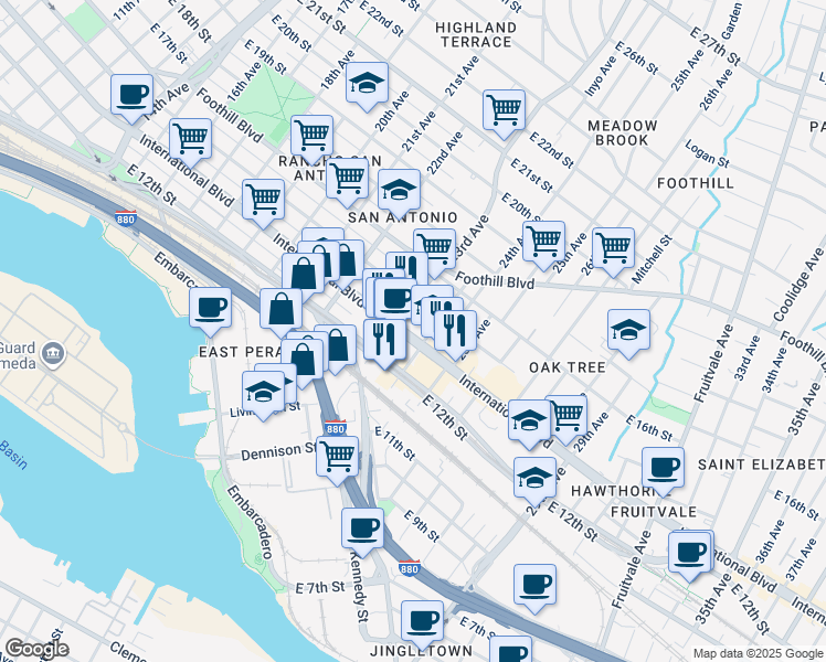map of restaurants, bars, coffee shops, grocery stores, and more near 2300 International Boulevard in Oakland