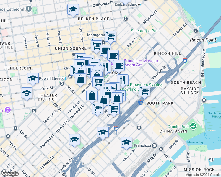 map of restaurants, bars, coffee shops, grocery stores, and more near 749 Howard Street in San Francisco