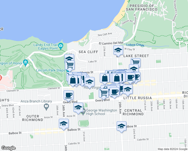 map of restaurants, bars, coffee shops, grocery stores, and more near 324 29th Avenue in San Francisco