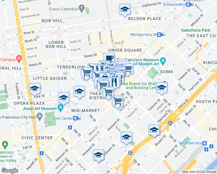 map of restaurants, bars, coffee shops, grocery stores, and more near Market St & Mason St in San Francisco