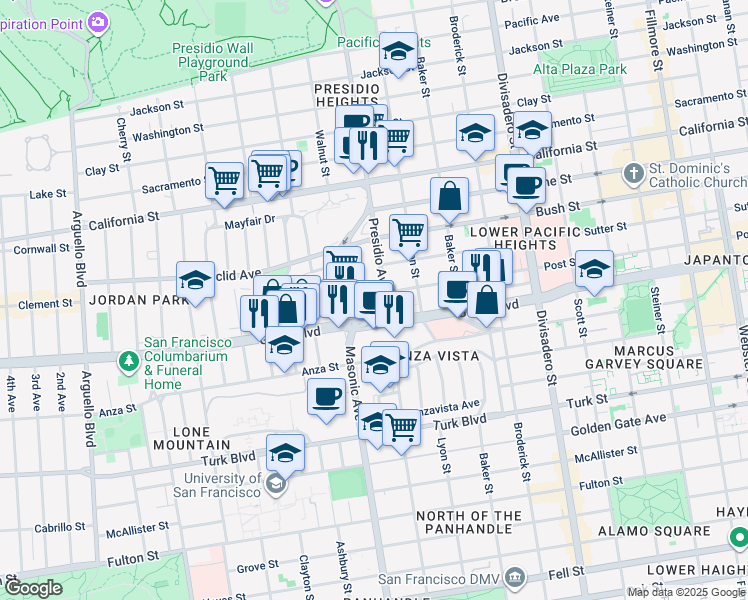 map of restaurants, bars, coffee shops, grocery stores, and more near 949 Presidio Avenue in San Francisco