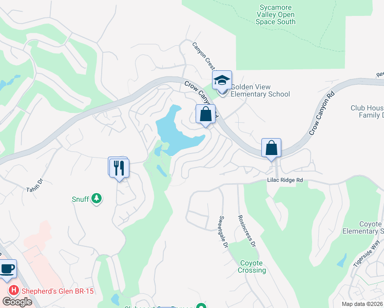 map of restaurants, bars, coffee shops, grocery stores, and more near 5001 East Lakeshore Drive in San Ramon