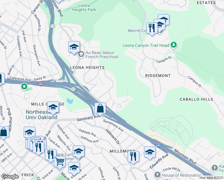 map of restaurants, bars, coffee shops, grocery stores, and more near 4210 Mountain View Avenue in Oakland