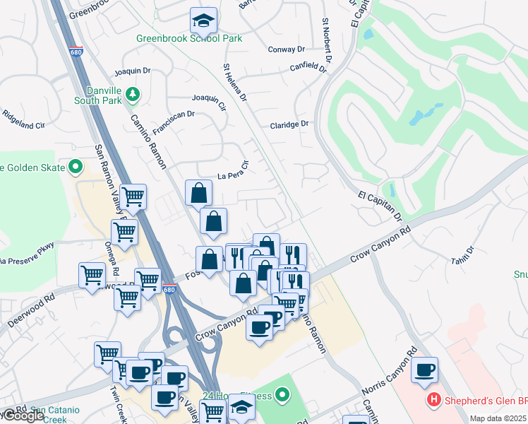 map of restaurants, bars, coffee shops, grocery stores, and more near 3080 Fostoria Circle in Danville