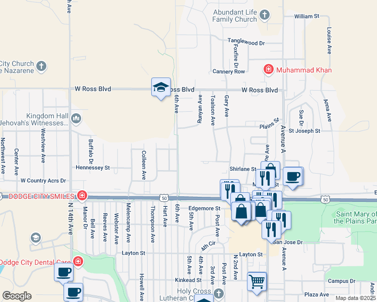 map of restaurants, bars, coffee shops, grocery stores, and more near 2804 6th Avenue in Dodge City