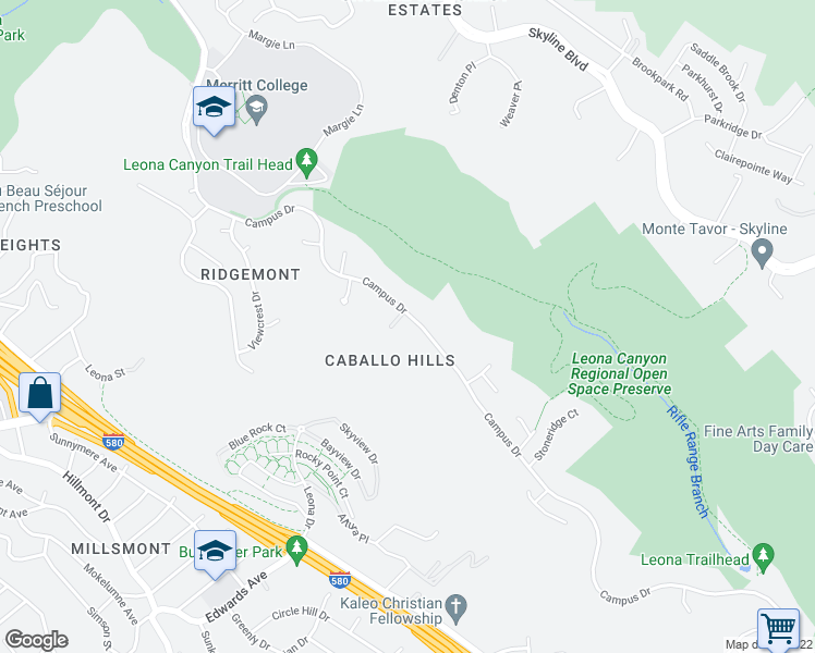 map of restaurants, bars, coffee shops, grocery stores, and more near 13463 Campus Drive in Oakland