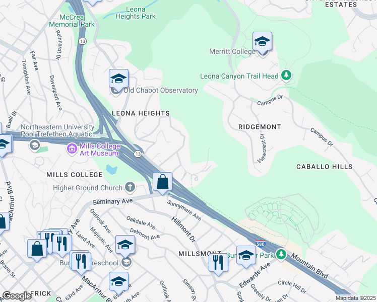 map of restaurants, bars, coffee shops, grocery stores, and more near 4224 Mountain View Avenue in Oakland
