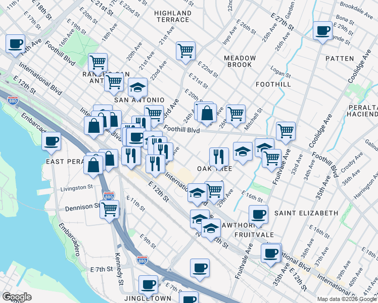 map of restaurants, bars, coffee shops, grocery stores, and more near 2543 East 16th Street in Oakland