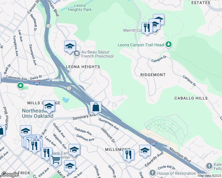 map of restaurants, bars, coffee shops, grocery stores, and more near 4224 Mountain View Avenue in Oakland