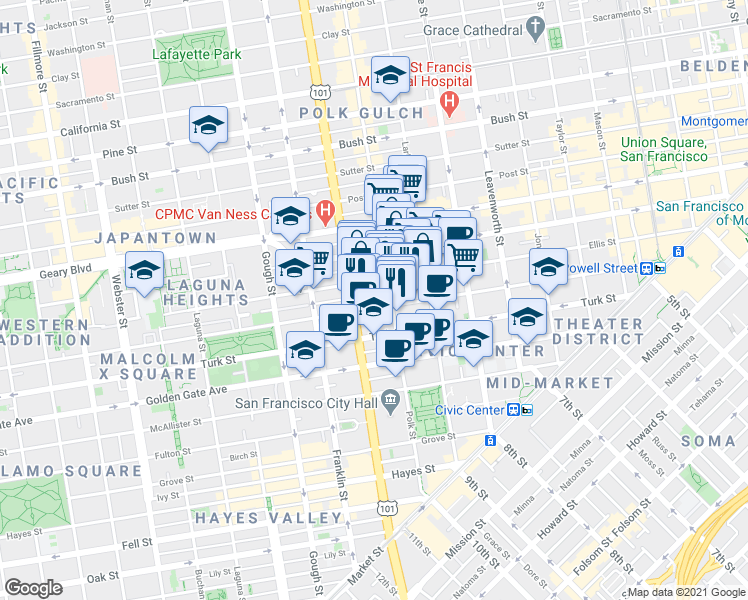 map of restaurants, bars, coffee shops, grocery stores, and more near 750 Eddy Street in San Francisco
