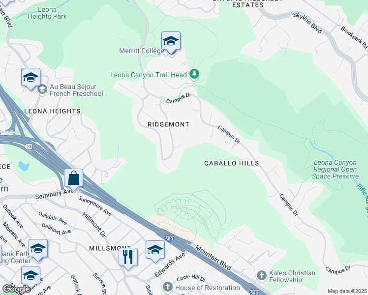 map of restaurants, bars, coffee shops, grocery stores, and more near 4320 Viewcrest Court in Oakland