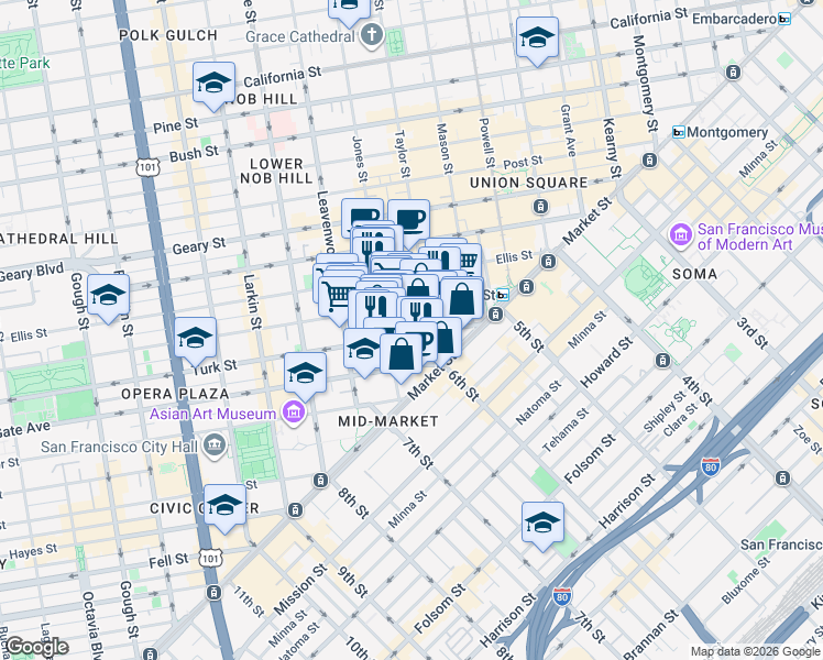 map of restaurants, bars, coffee shops, grocery stores, and more near 220 Jones Street in San Francisco