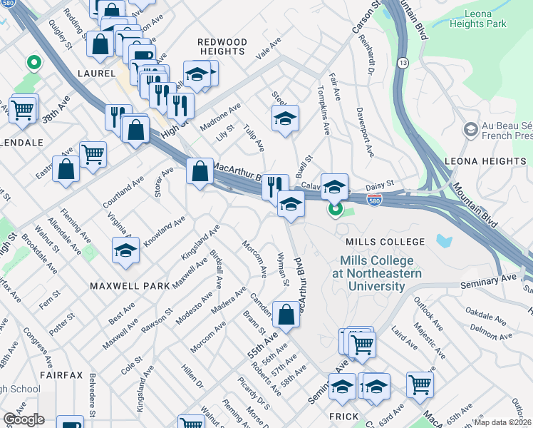 map of restaurants, bars, coffee shops, grocery stores, and more near in Oakland