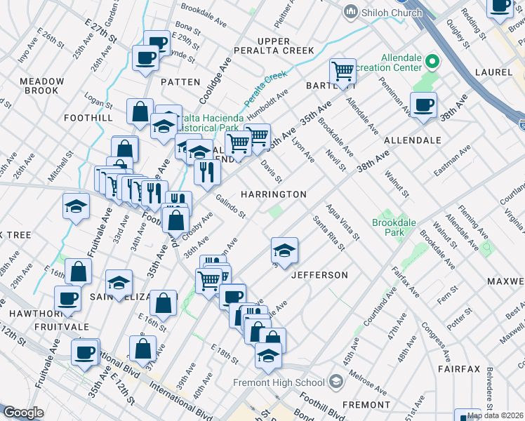 map of restaurants, bars, coffee shops, grocery stores, and more near 2135 Harrington Avenue in Oakland