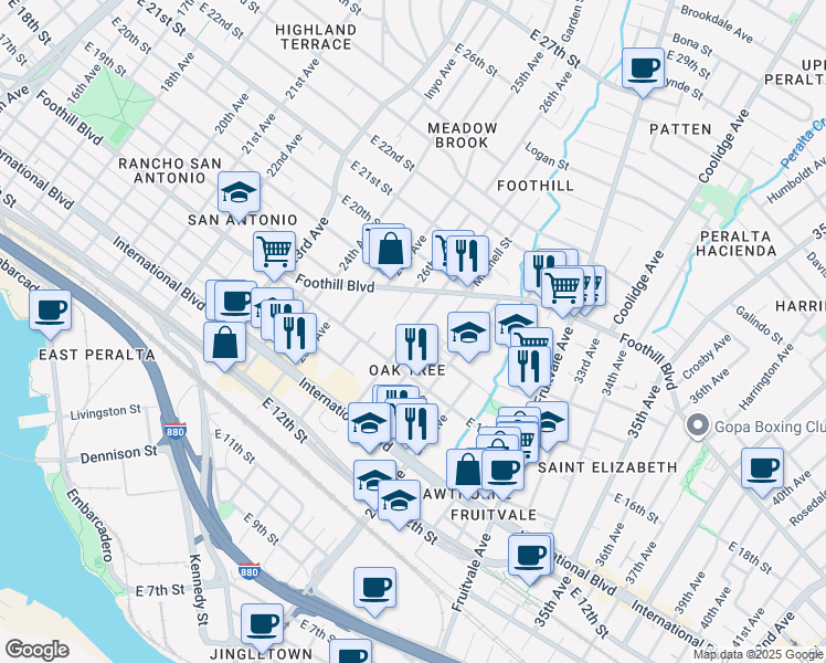 map of restaurants, bars, coffee shops, grocery stores, and more near 1711 27th Avenue in Oakland