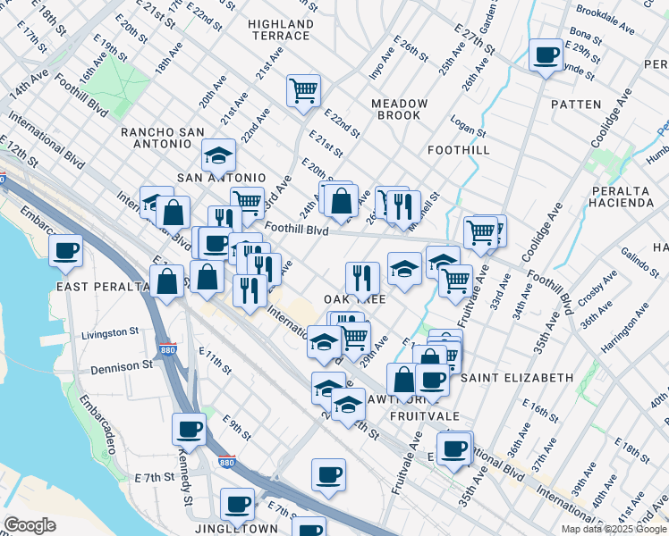 map of restaurants, bars, coffee shops, grocery stores, and more near 2554 East 16th Street in Oakland