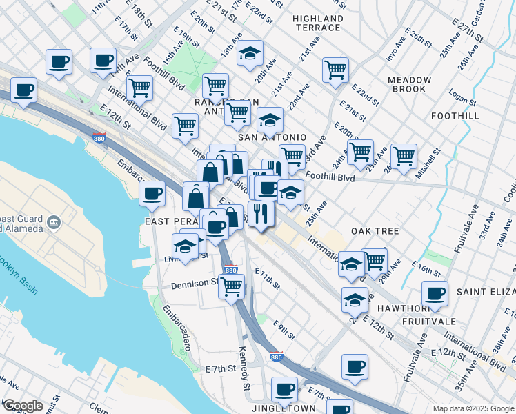 map of restaurants, bars, coffee shops, grocery stores, and more near in Oakland