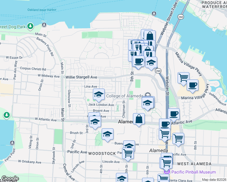 map of restaurants, bars, coffee shops, grocery stores, and more near 2 Jouett Square in Alameda