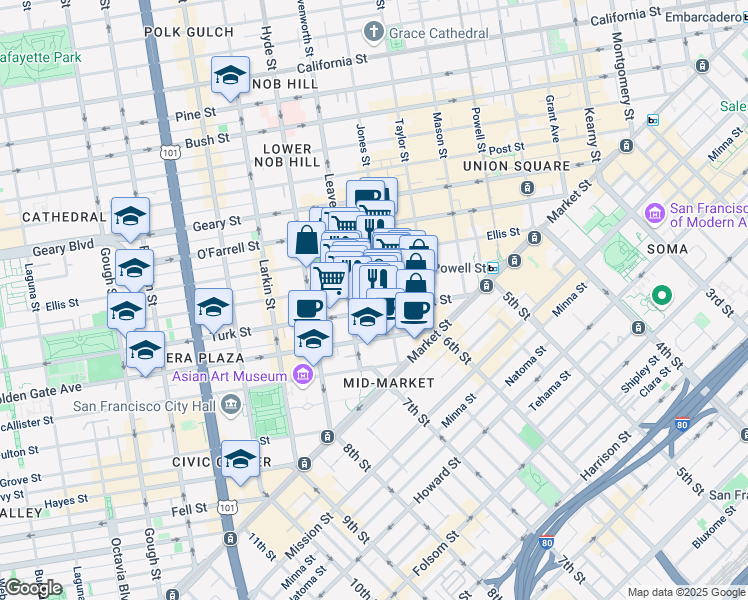 map of restaurants, bars, coffee shops, grocery stores, and more near 355 Eddy Street in San Francisco