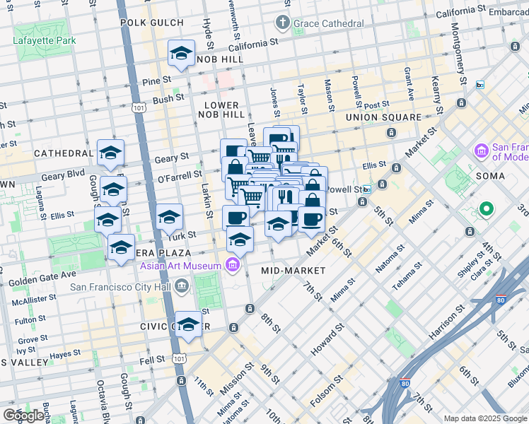 map of restaurants, bars, coffee shops, grocery stores, and more near 355 Eddy Street in San Francisco