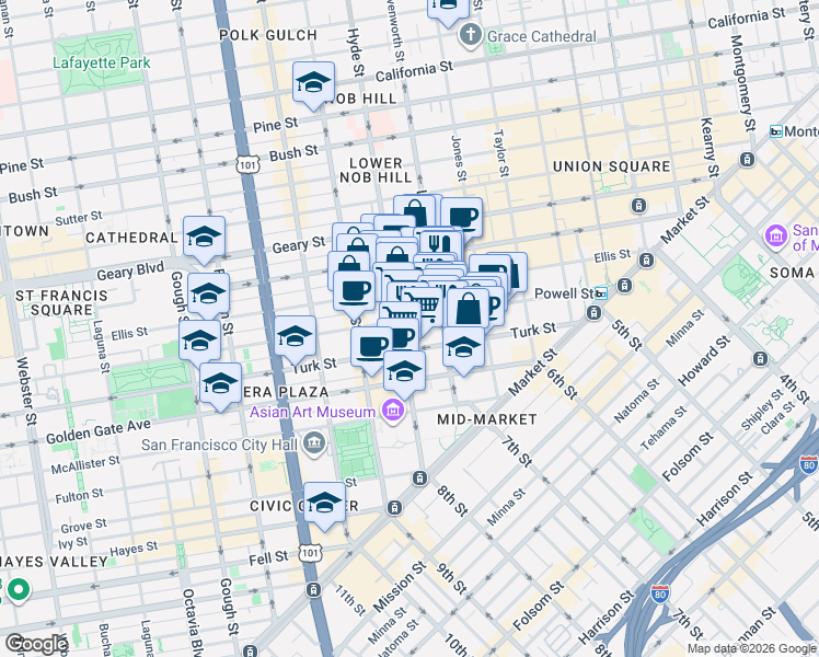 map of restaurants, bars, coffee shops, grocery stores, and more near 455 Eddy Street in San Francisco