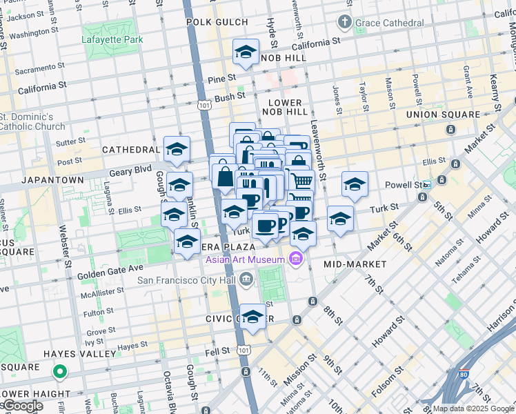 map of restaurants, bars, coffee shops, grocery stores, and more near in San Francisco