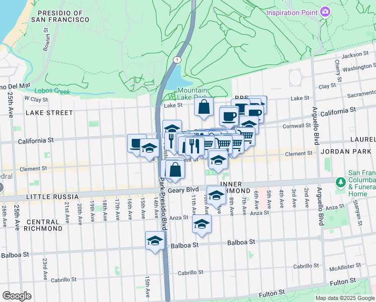 map of restaurants, bars, coffee shops, grocery stores, and more near 250 12th Avenue in San Francisco