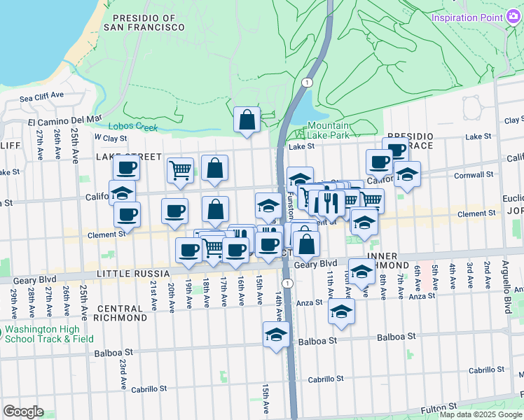 map of restaurants, bars, coffee shops, grocery stores, and more near 249 14th Avenue in San Francisco