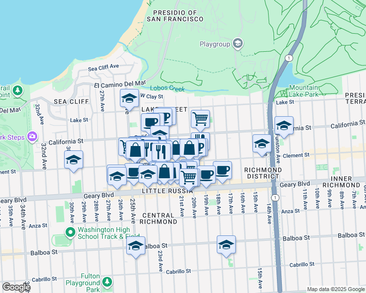 map of restaurants, bars, coffee shops, grocery stores, and more near 229 21st Avenue in San Francisco