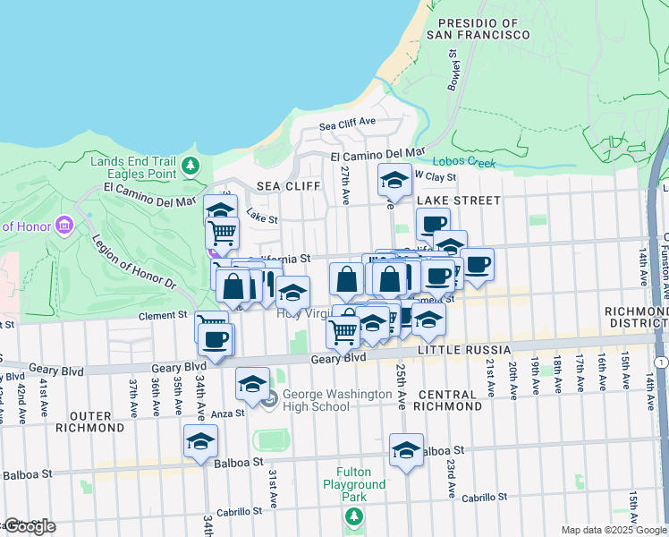 map of restaurants, bars, coffee shops, grocery stores, and more near 324 29th Avenue in San Francisco