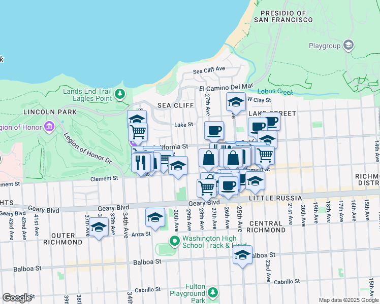 map of restaurants, bars, coffee shops, grocery stores, and more near 324 29th Avenue in San Francisco