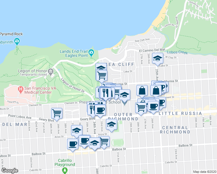 map of restaurants, bars, coffee shops, grocery stores, and more near 7015 California Street in San Francisco