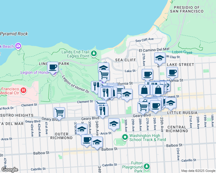 map of restaurants, bars, coffee shops, grocery stores, and more near 7015 California Street in San Francisco
