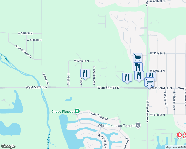 map of restaurants, bars, coffee shops, grocery stores, and more near 5401-5407 North Sheridan Street in Wichita