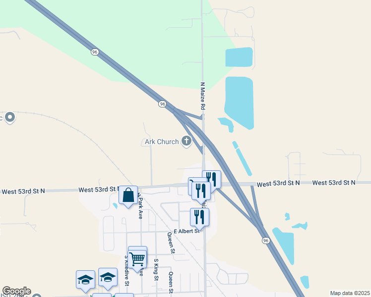 map of restaurants, bars, coffee shops, grocery stores, and more near 5501 North Maize Road in Maize