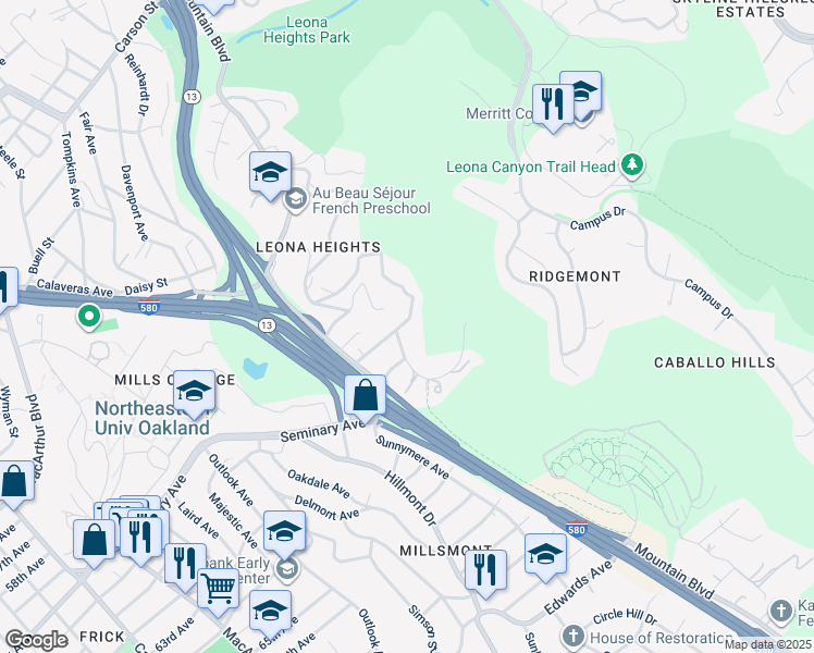 map of restaurants, bars, coffee shops, grocery stores, and more near 4210 Mountain View Avenue in Oakland