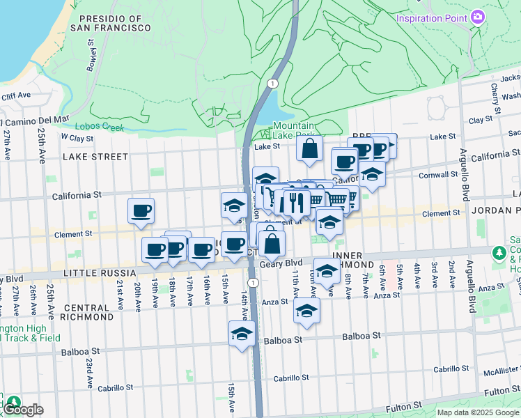 map of restaurants, bars, coffee shops, grocery stores, and more near 262 Funston Avenue in San Francisco