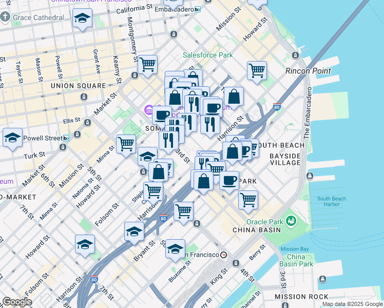 map of restaurants, bars, coffee shops, grocery stores, and more near 1 St Francis Pl in San Francisco