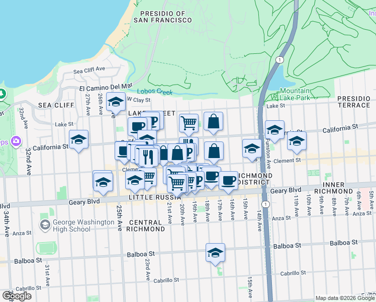map of restaurants, bars, coffee shops, grocery stores, and more near 236 20th Avenue in San Francisco