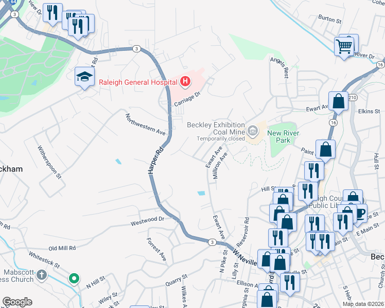 map of restaurants, bars, coffee shops, grocery stores, and more near 301 Wyoming Avenue in Beckley