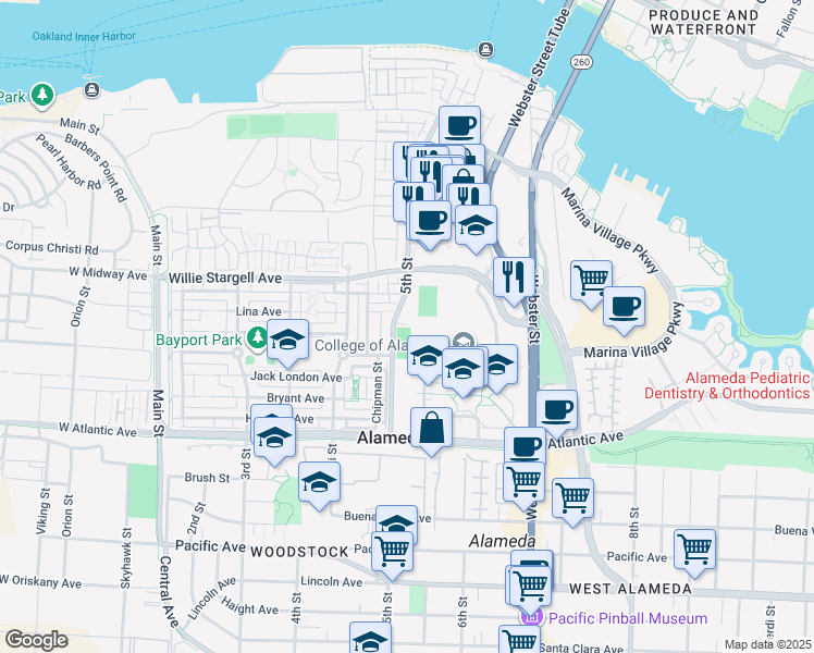 map of restaurants, bars, coffee shops, grocery stores, and more near 2350 Fifth Street in Alameda