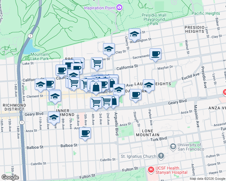 map of restaurants, bars, coffee shops, grocery stores, and more near 2 Clement Street in San Francisco