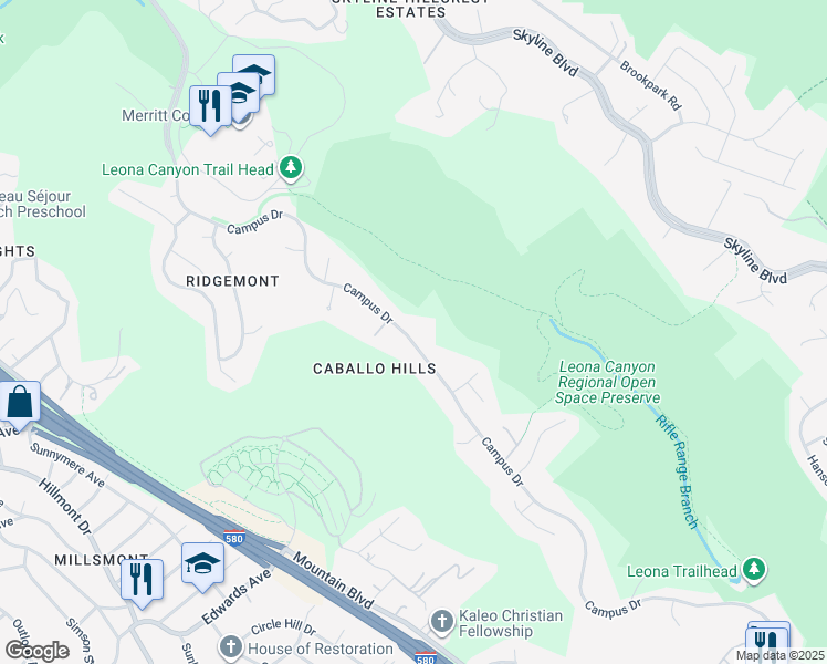 map of restaurants, bars, coffee shops, grocery stores, and more near 13462 Campus Drive in Oakland