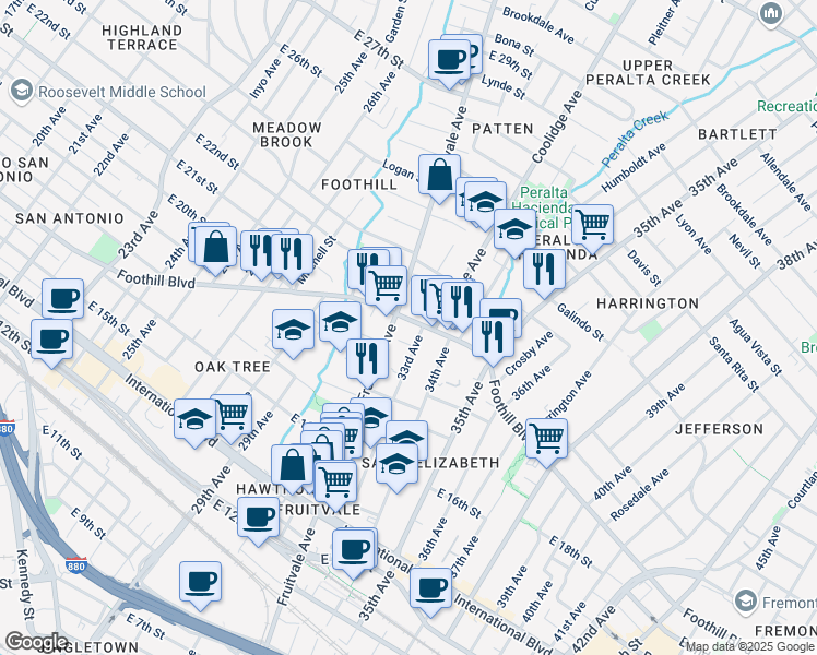 map of restaurants, bars, coffee shops, grocery stores, and more near 3225 Foothill Boulevard in Oakland