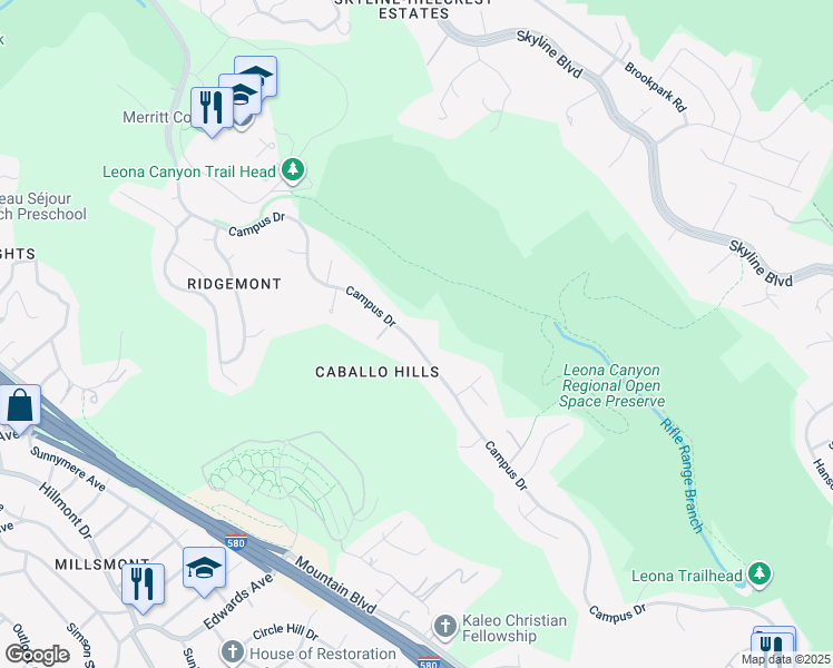 map of restaurants, bars, coffee shops, grocery stores, and more near 13462 Campus Drive in Oakland