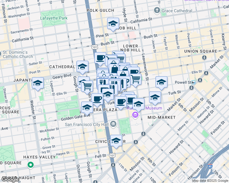 map of restaurants, bars, coffee shops, grocery stores, and more near in San Francisco