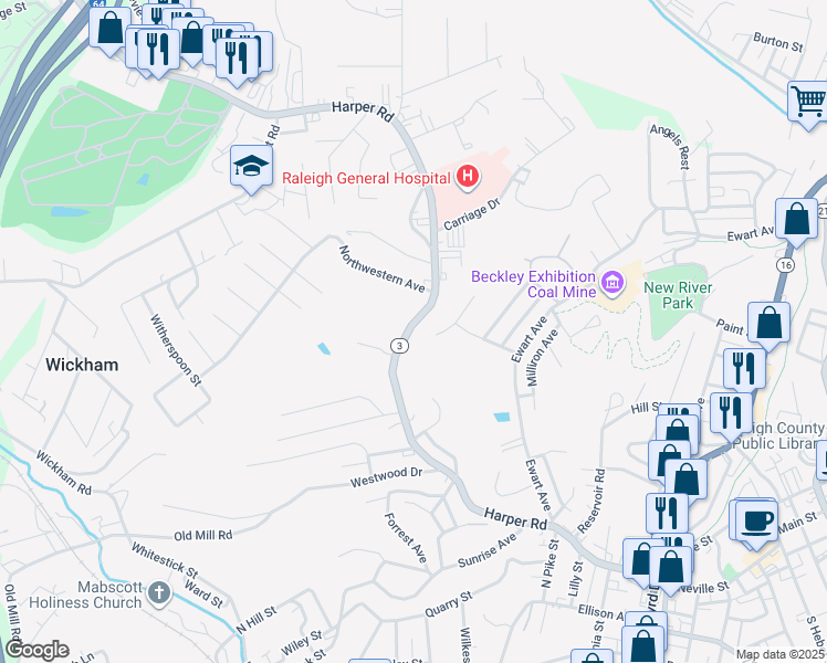 map of restaurants, bars, coffee shops, grocery stores, and more near 1537 Harper Road in Beckley